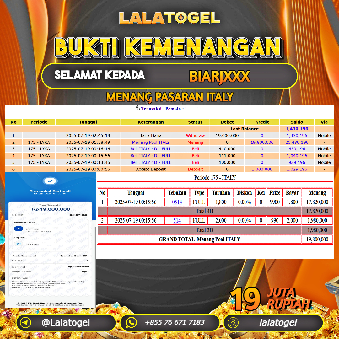 LALATOGEL JACKPOT TOGEL PASARAN ITALY Rp.19.000.000, - LUNAS USER ID : BIARJXXX