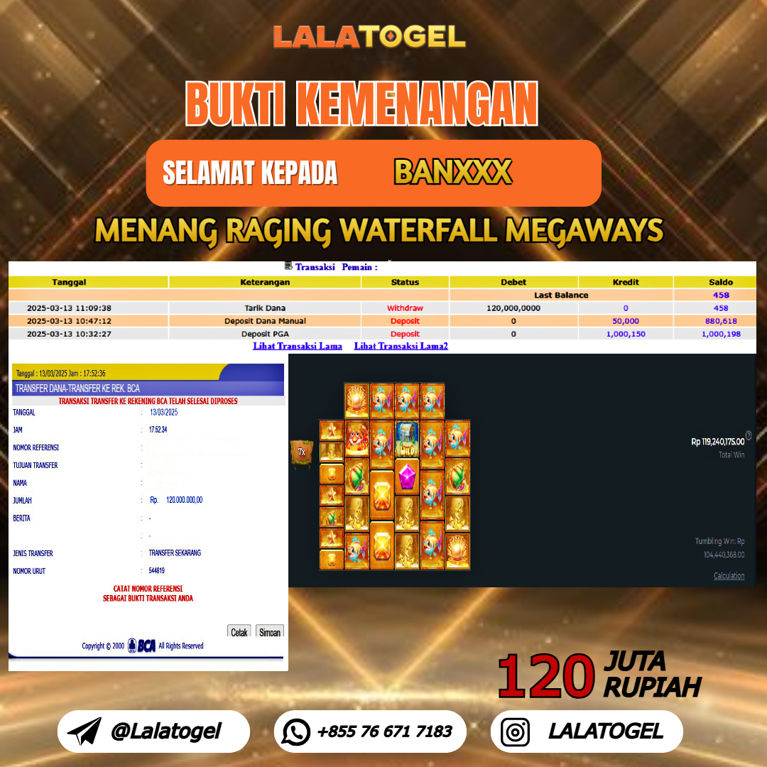 LALATOGEL JACKPOT SLOT RAGING WATERFALL MEGAWAYS Rp.120.000.000,- LUNAS USER ID :  BANXXX 