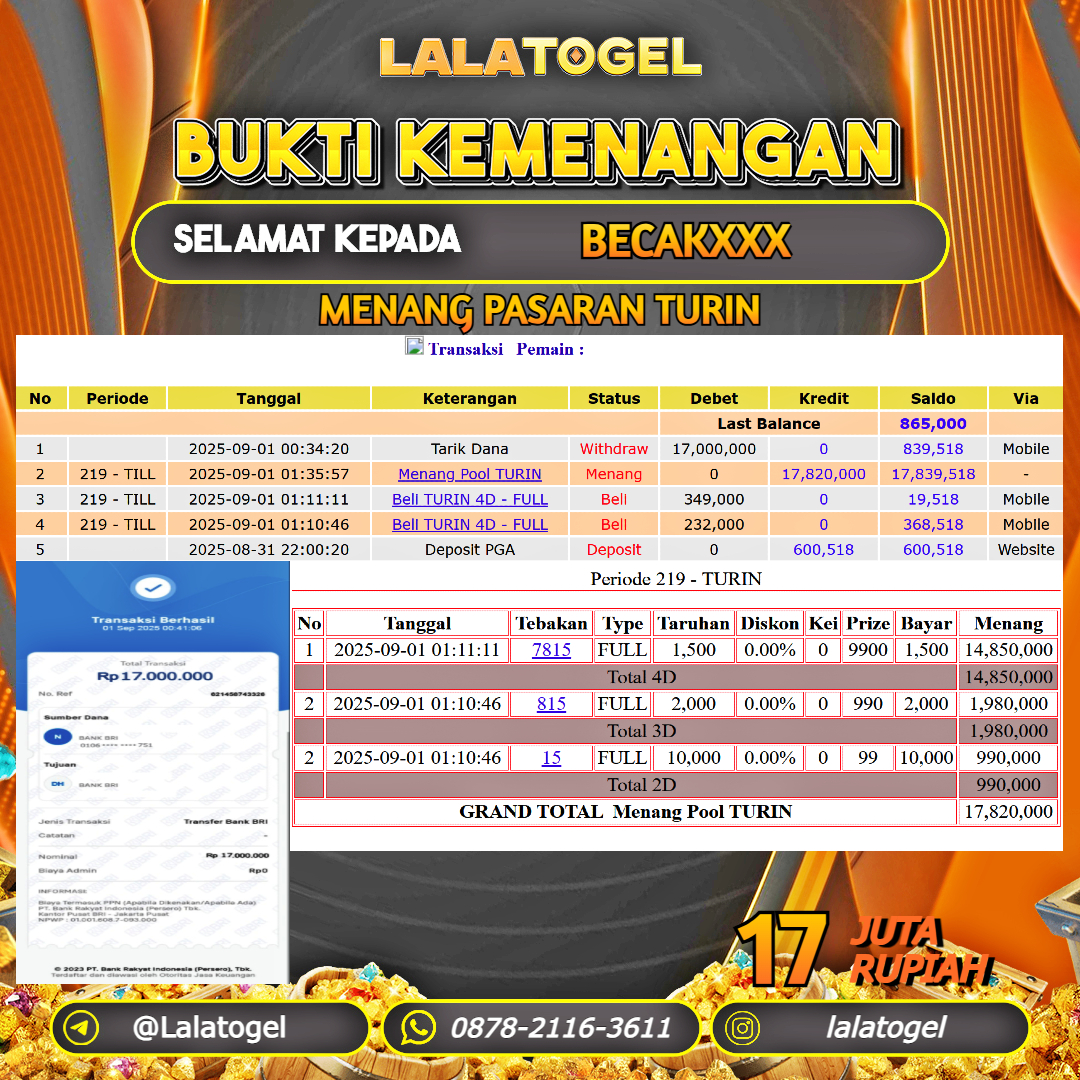 LALATOGEL JACKPOT TOGEL PASARAN TURIN Rp.17.000.000, - LUNAS USER ID : BECAKXXX