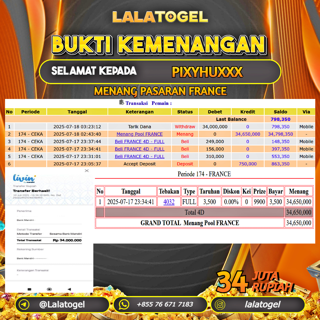 LALATOGEL JACKPOT TOGEL PASARAN FRANCE  Rp.34.000.000, - LUNAS USER  ID :  PIXYHUXXX 