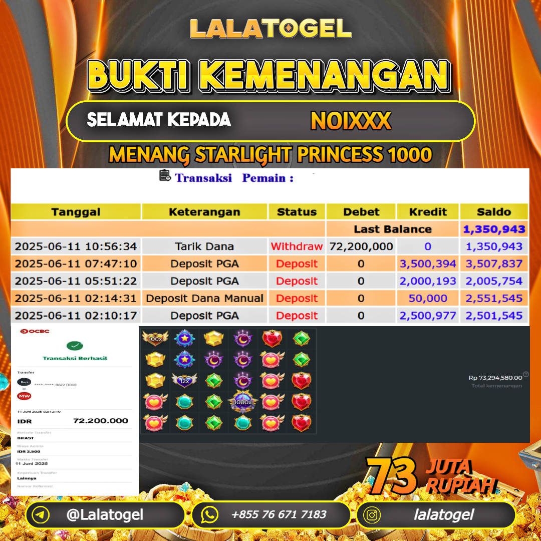 LALATOGEL JACKPOT SLOT STARLIGHT PRINCESS 1000 Rp.73.000.000, - LUNAS USER ID : NOIXXX