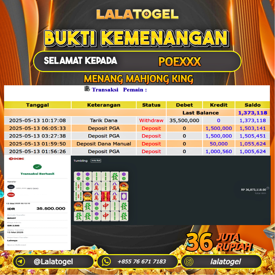 LALATOGEL JACKPOT SLOT MAHJONG KING Rp.36.000.000, - LUNAS USER ID : POEXXX