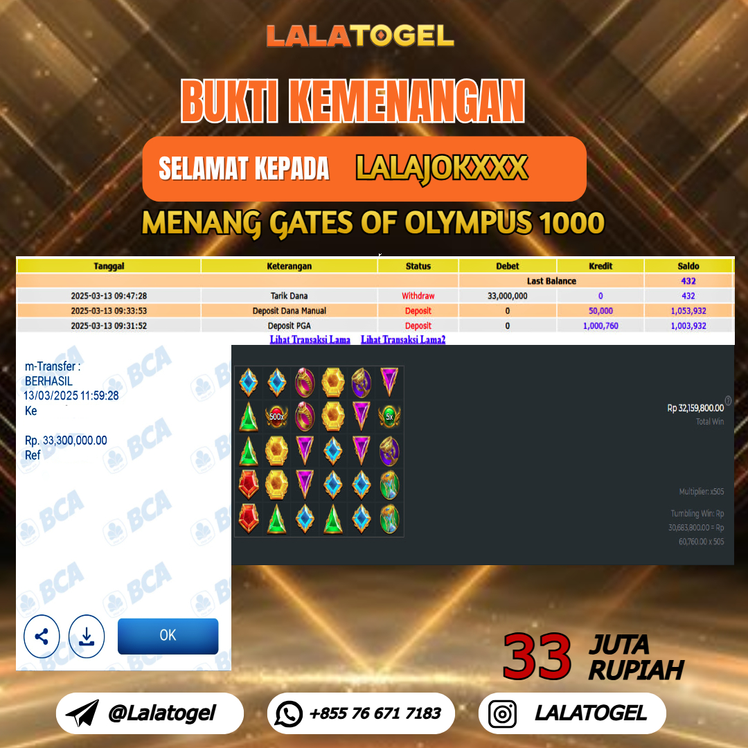 LALATOGEL JACKPOT SLOT GATES OF OLYMPUS 1000 Rp.33.000.000,- LUNAS USER ID :  LALAJOKXXX 