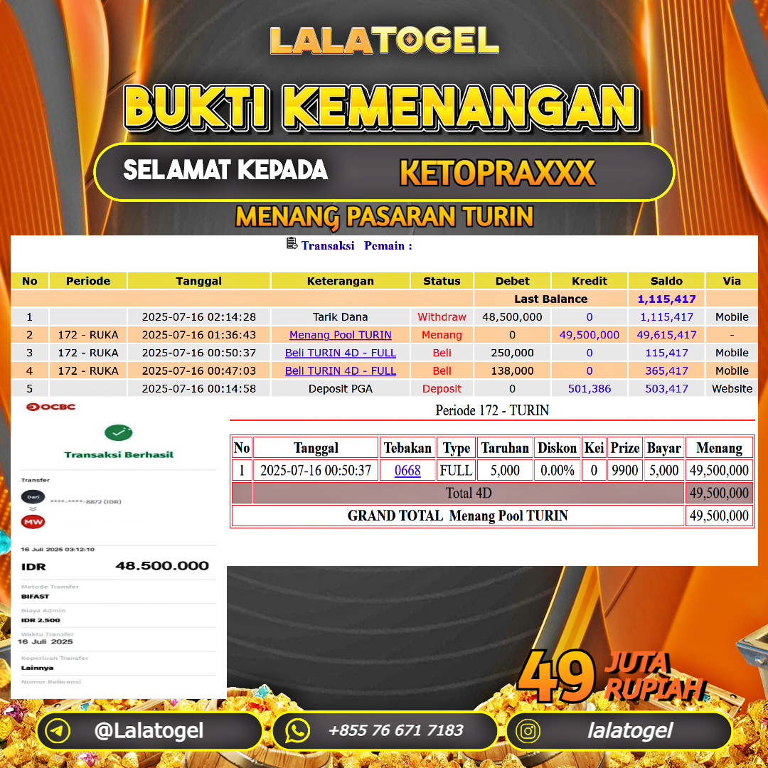 LALATOGEL JACKPOT TOGEL PASARAN TURIN Rp.49.000.000, - LUNAS USER  ID :  KETOPRAXXX 