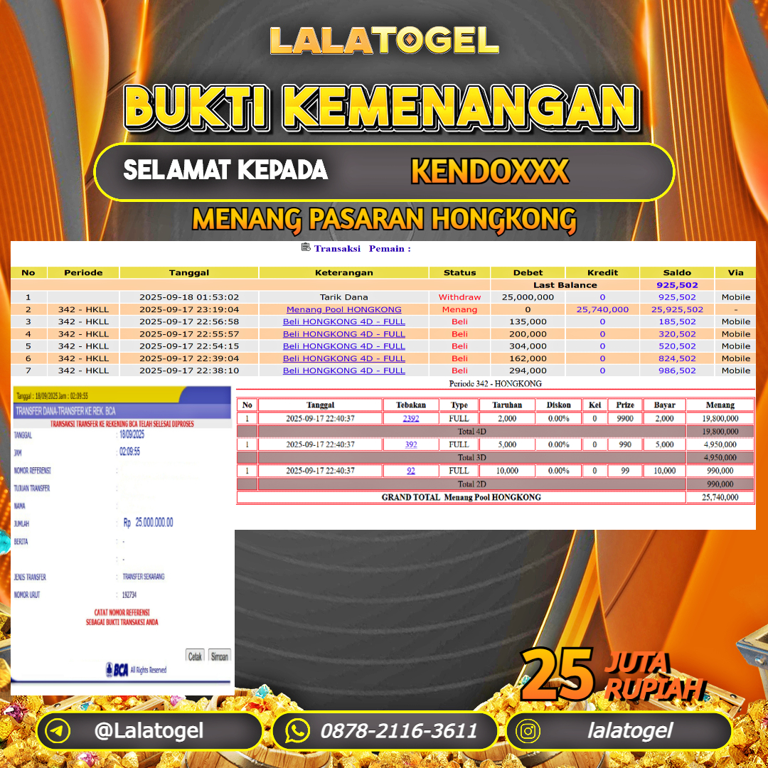 LALATOGEL JACKPOT TOGEL PASARAN HONGKONG Rp.25.000.000, - LUNAS USER ID :  KENDOXXX  