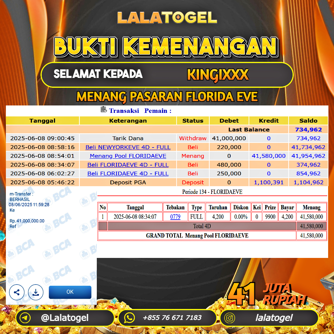 LALATOGEL JACKPOT TOGEL PASARAN FLORIDA EVE Rp.41.000.000, - LUNAS USER ID : KINGIXXX