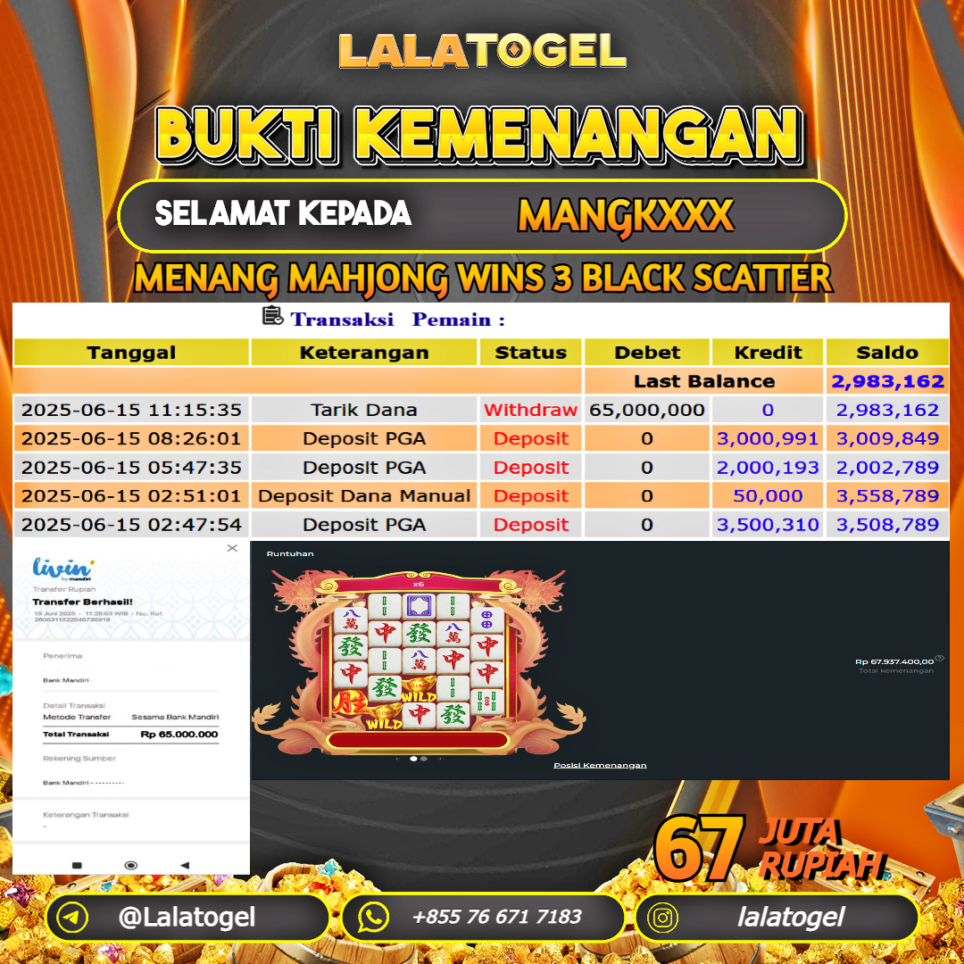 LALATOGEL JACKPOT SLOT MAHJONG WINS 3 BLACK SCATTER Rp.67.000.000, - LUNAS USER ID : MANGKXXX
