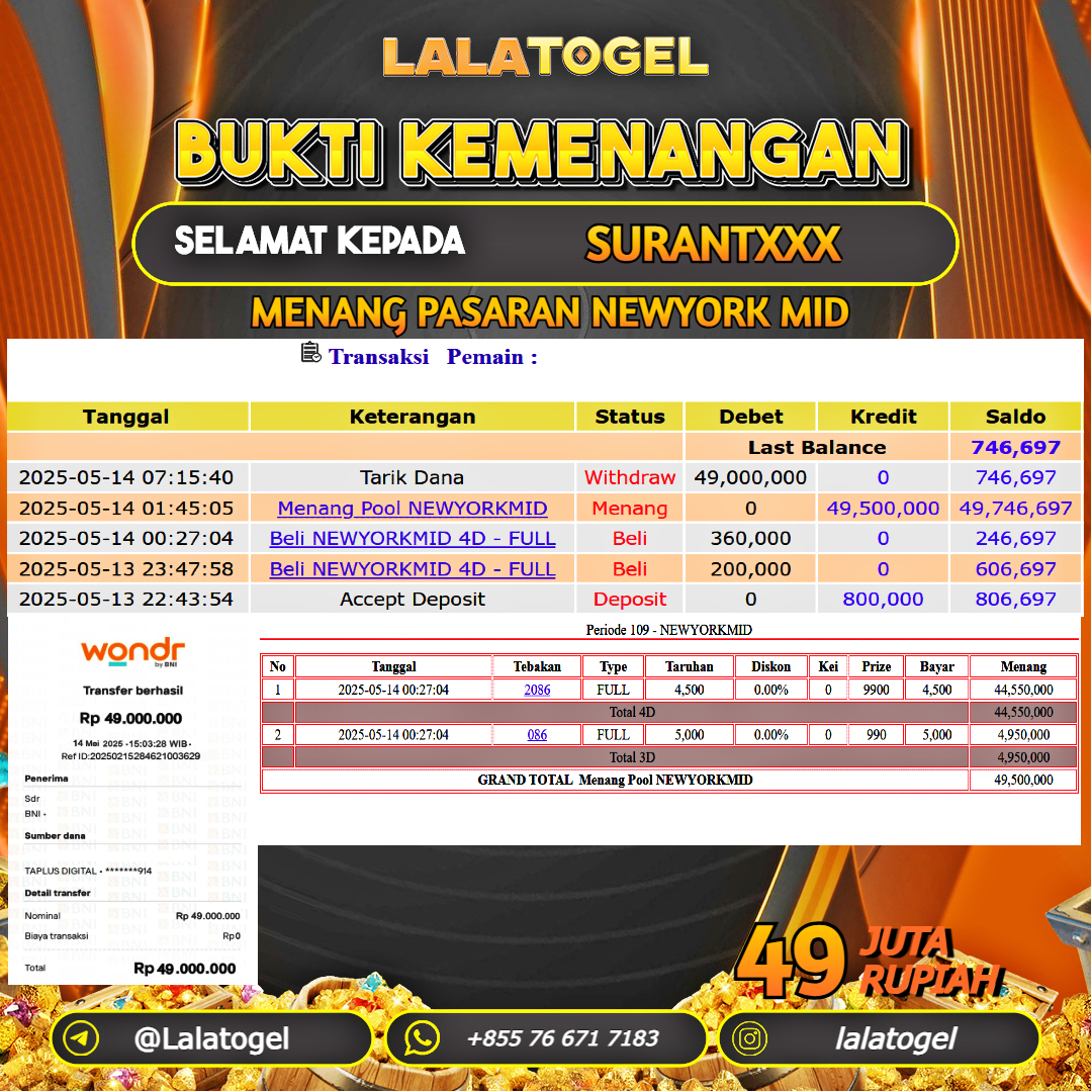LALATOGEL JACKPOT TOGEL PASARAN NEWYORK MID Rp.49.000.000, - LUNAS USER ID : SURANTXXX