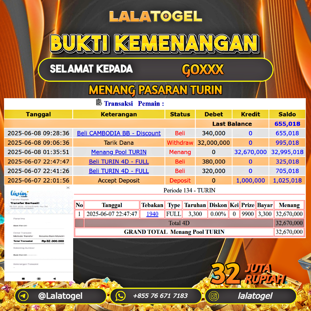 LALATOGEL JACKPOT TOGEL PASARAN TURIN Rp.32.000.000, - LUNAS USER ID : GOXXX