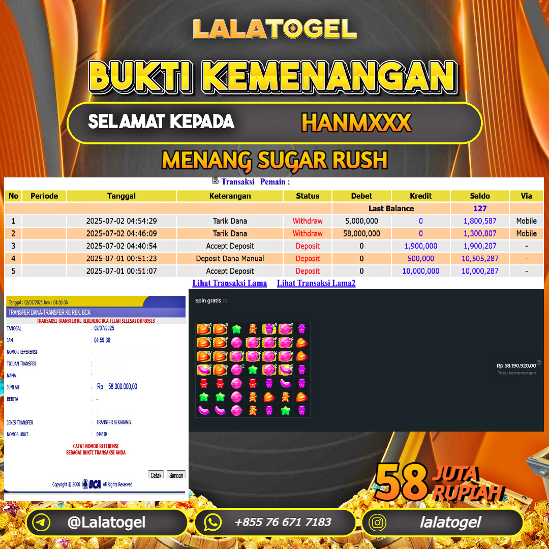 LALATOGEL JACKPOT SLOT SUGAR RUSH  Rp.58.000.000, - LUNAS USER  ID :  HANMXXX 