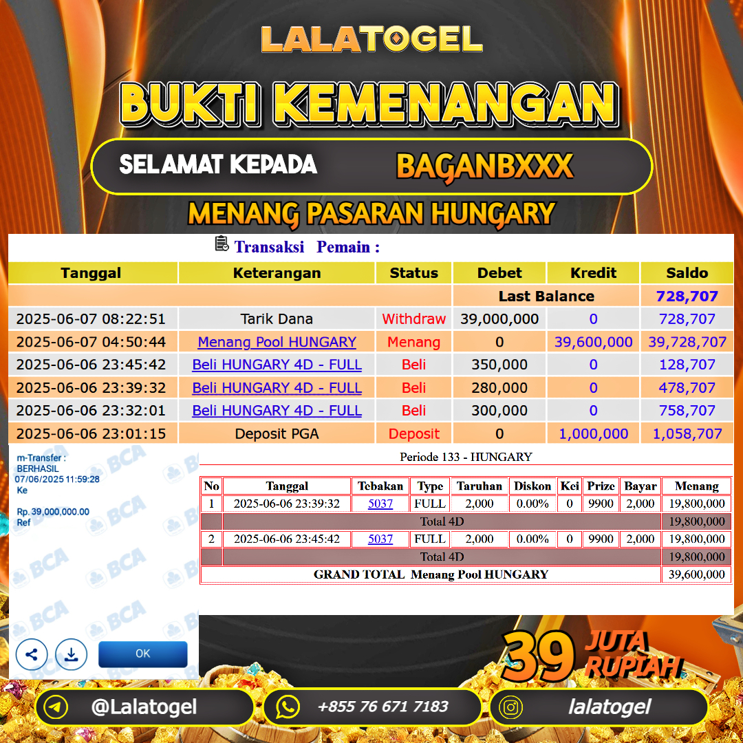 LALATOGEL JACKPOT TOGEL PASARAN HUNGARY Rp.39.000.000, - LUNAS USER ID : BAGANBXXX