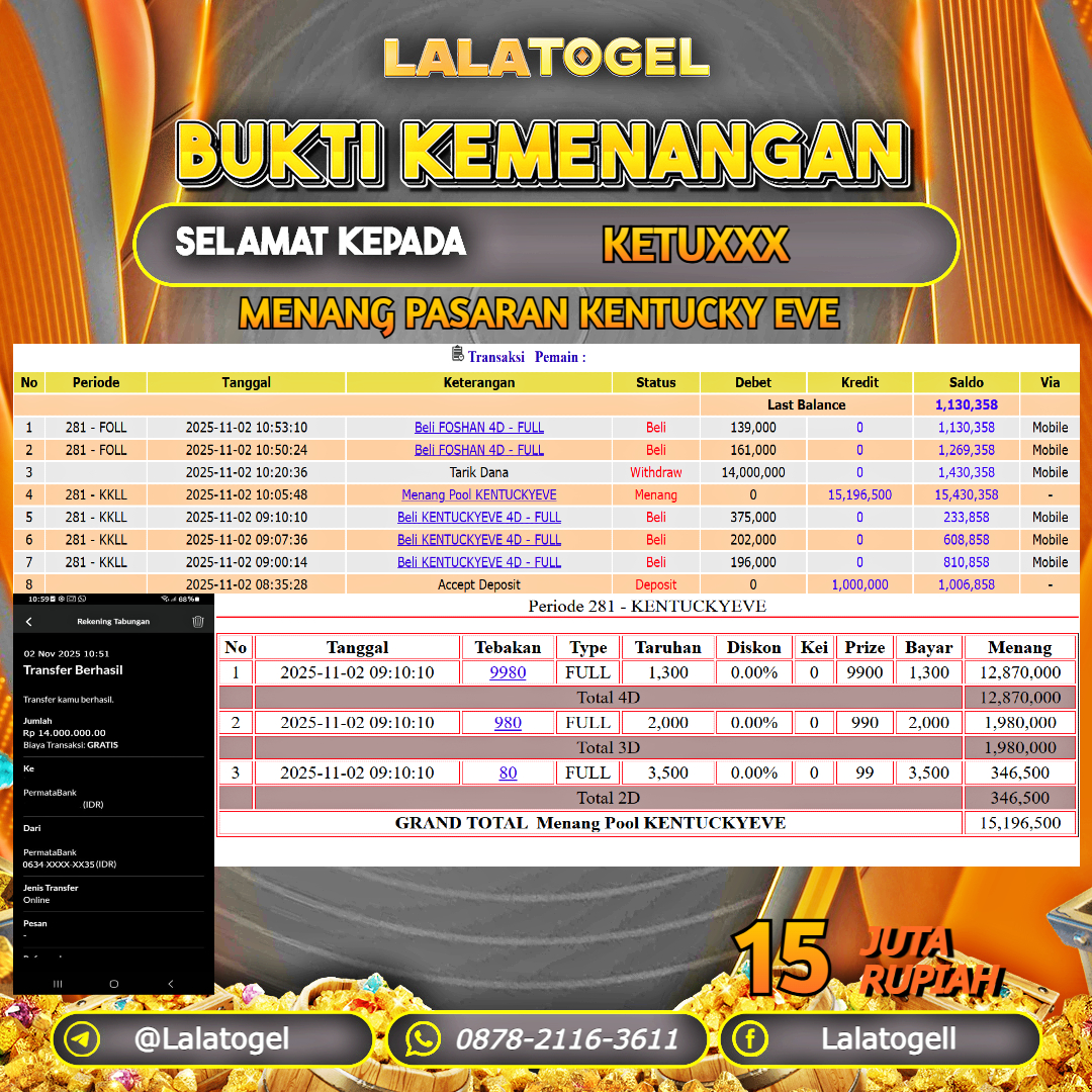 LALATOGEL JACKPOT T0GEL PASARAN KENTUCKY EVE RP.15.000.000, - LUNAS USER ID :   KETUXXX  