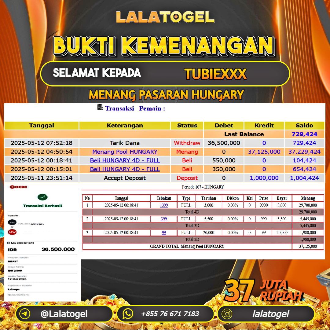 LALATOGEL JACKPOT TOGEL PASARAN HUNGARY Rp.37.000.000, - LUNAS USER ID : TUBIEXXX