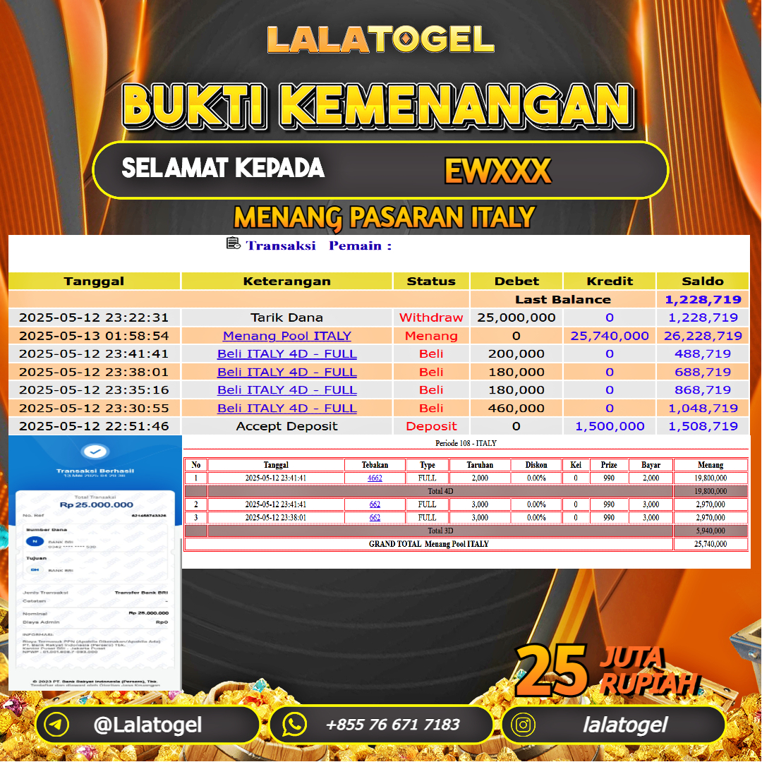 LALATOGEL JACKPOT TOGEL PASARAN ITALY Rp.25.000.000, - LUNAS USER ID : EWXXX