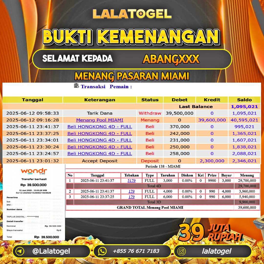 LALATOGEL JACKPOT TOGEL PASARAN MIAMI Rp.39.000.000, - LUNAS USER ID : ABANGXXX