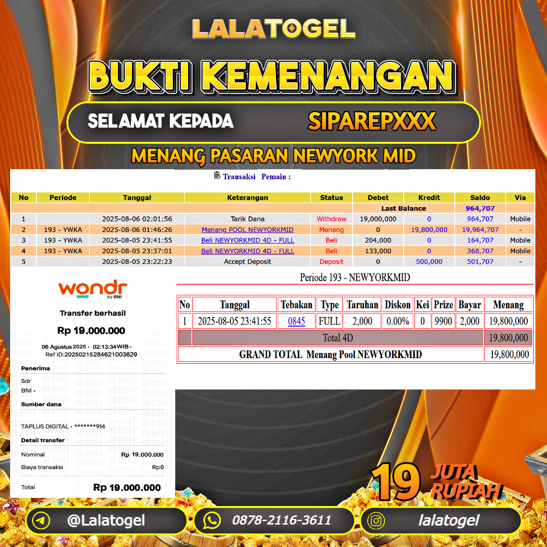 LALATOGEL JACKPOT TOGEL PASARAN NEWYORK MID Rp.19.000.000, - LUNAS USER ID : SIPAREPXXX
