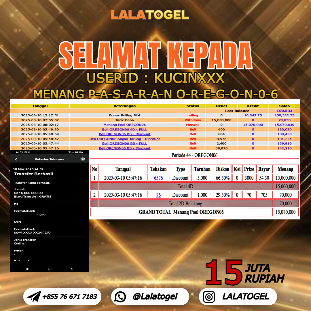 LALATOGEL JACKPOT TOGEL PASARAN OREGON 06 Rp.15.000.000,- LUNAS USER ID :  KUCINXXX 