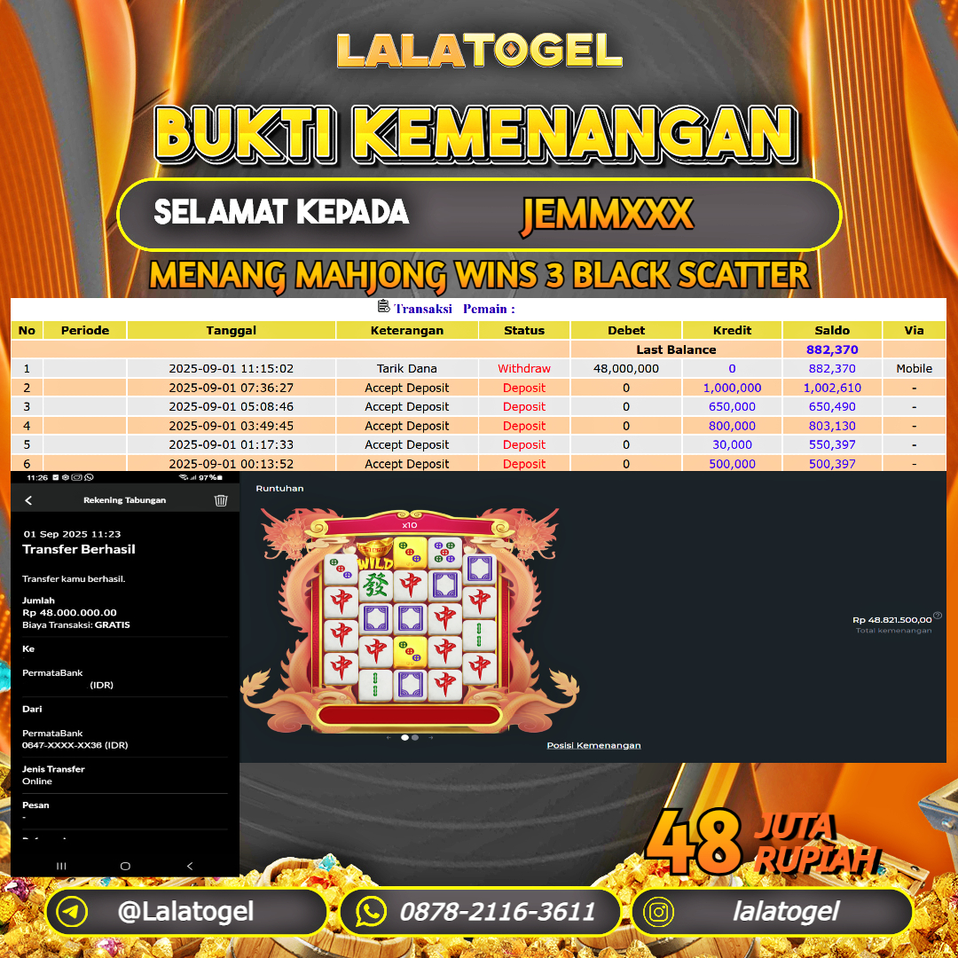 LALATOGEL JACKPOT SLOT MAHJONG WINS 3 BLACK SCATTER Rp.48.000.000, - LUNAS USER ID : JEMMXXX