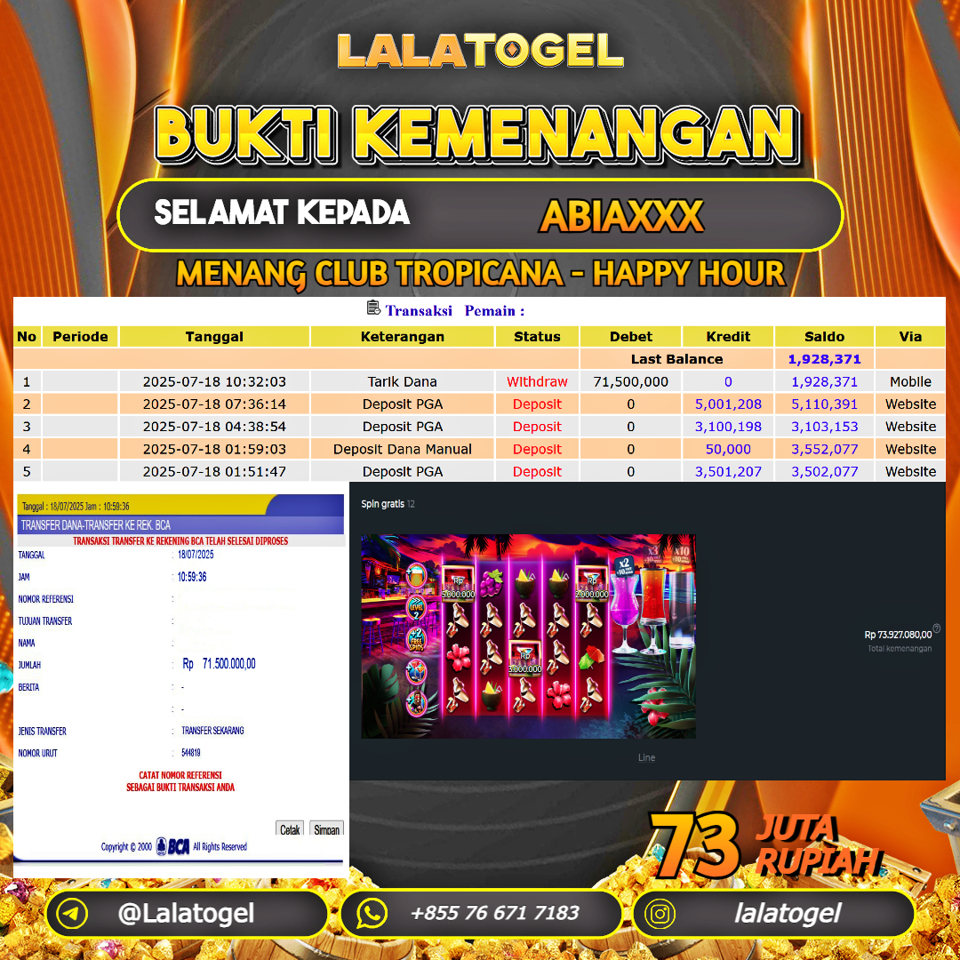 LALATOGEL JACKPOT SLOT CLUB TROPICANA - HAPPY HOUR Rp.73.000.000, - LUNAS USER  ID :  ABIAXXX 