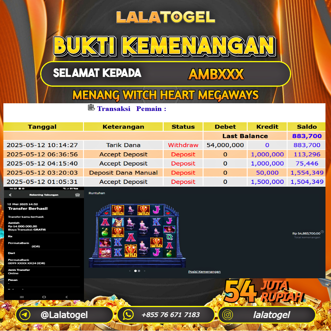LALATOGEL JACKPOT SLOT WITCH HEART MEGAWAYS Rp.54.000.000, - LUNAS USER ID : AMBXXX