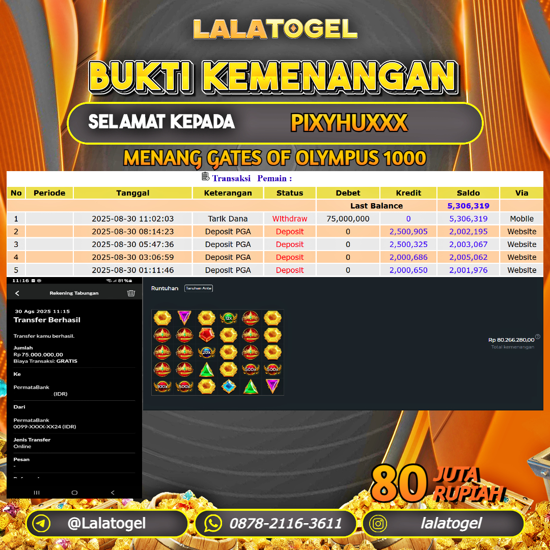 LALATOGEL JACKPOT SLOT GATES OF OLYMPUS 1000 Rp.80.000.000, - LUNAS USER ID : PIXYHUXXX