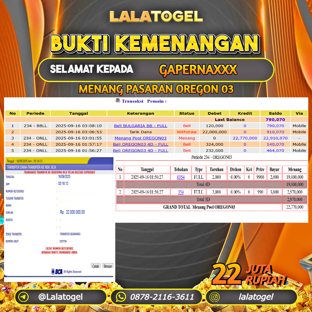 LALATOGEL JACKPOT TOGEL PASARAN OREGON 03 Rp.22.000.000, - LUNAS USER ID :  GAPERNAXXX  