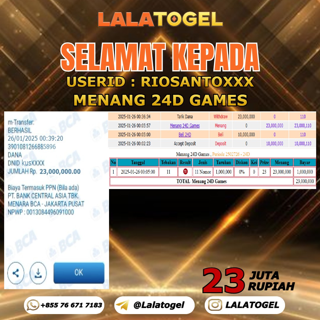 LALATOGEL JACKPOT 24D GAMES Rp.23.000.000,- LUNAS USER ID : RIOSANTOXXX