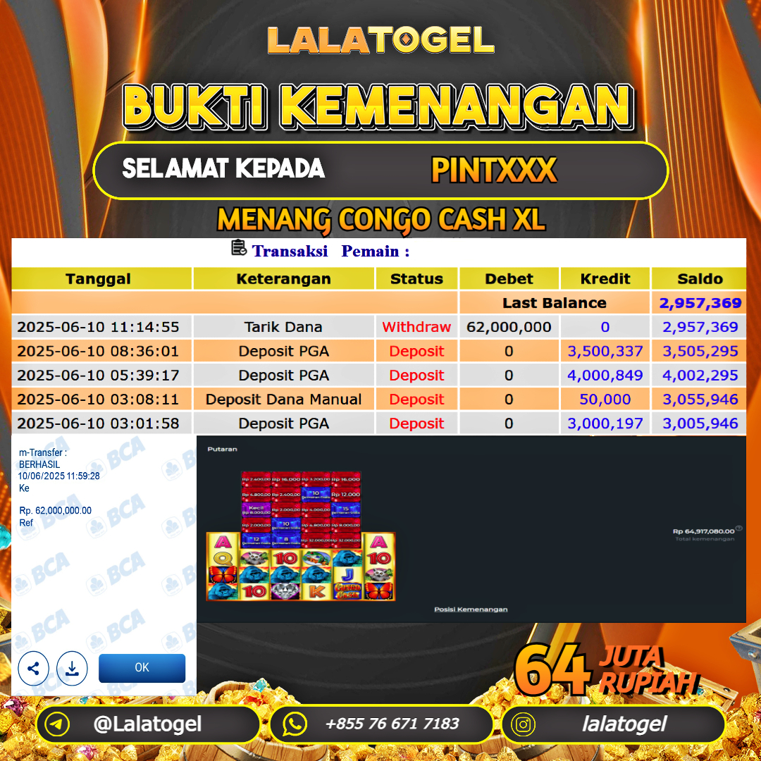 LALATOGEL JACKPOT SLOT CONGO CASH XL Rp.64.000.000, - LUNAS USER ID : PINTXXX