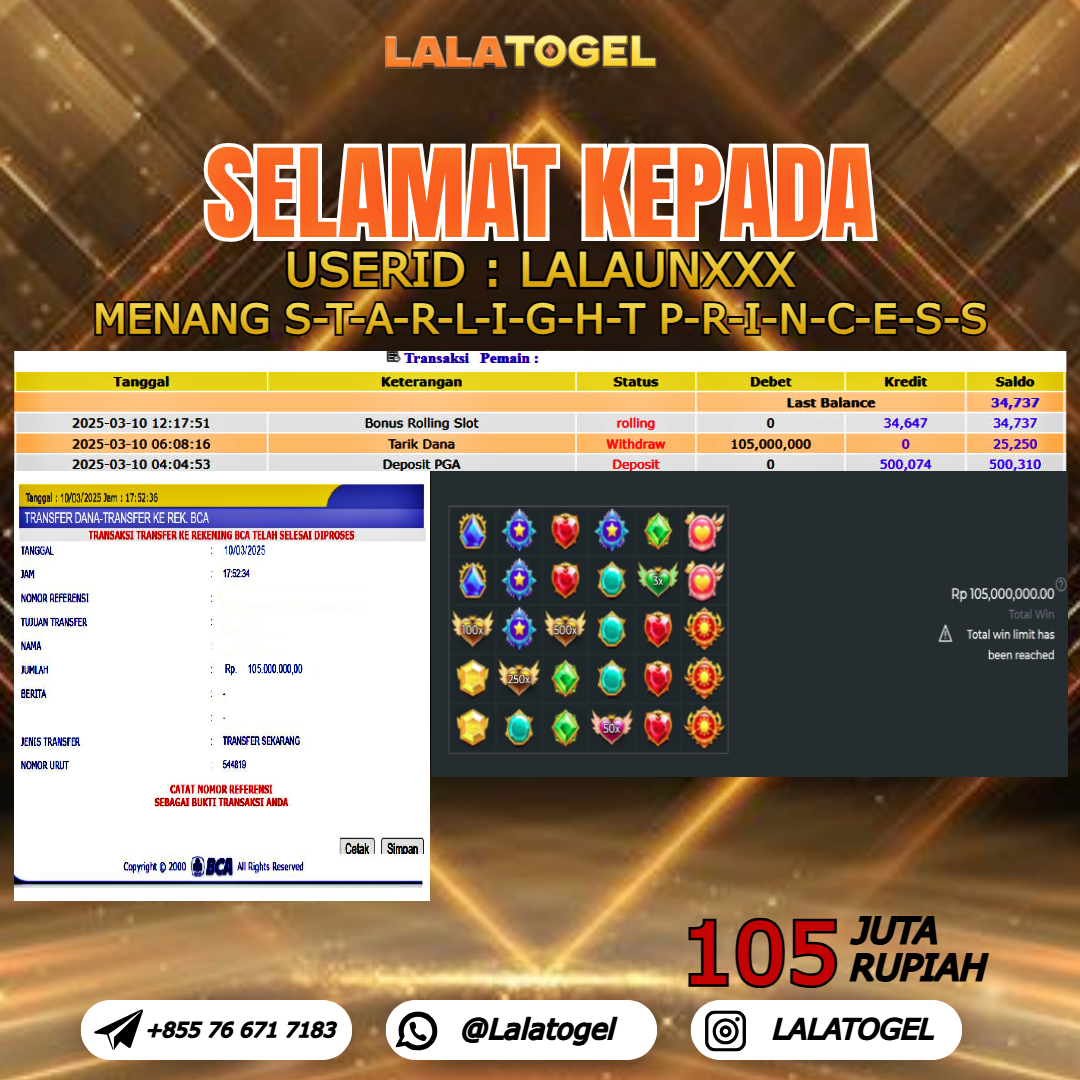 LALATOGEL JACKPOT SLOT STARLIGHT PRINCESS  Rp.105.000.000,- LUNAS USER ID :  LALAUNXXX 