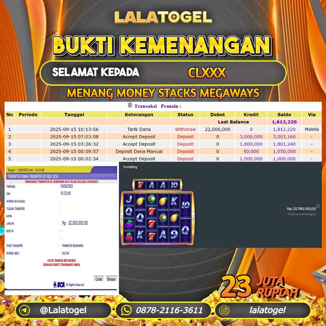 LALATOGEL JACKPOT SLOT MONEY STACKS MEGAWAYS Rp.23.000.000, - LUNAS USER  ID : CLXXX 