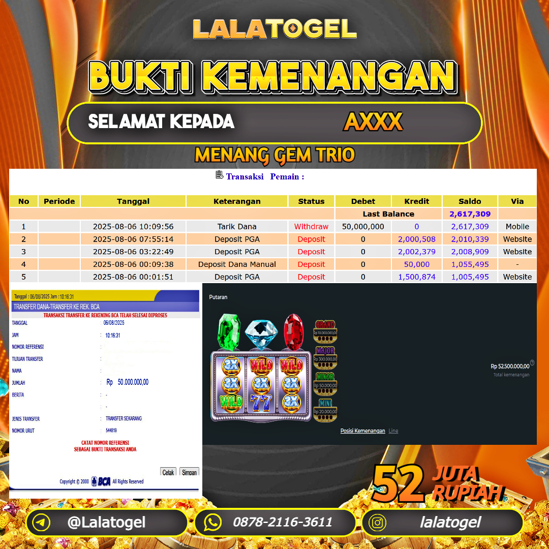 LALATOGEL JACKPOT SLOT GEM TRIO Rp.52.000.000, - LUNAS USER ID : AXXX
