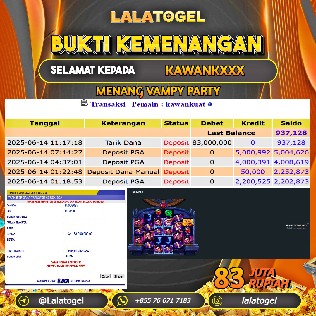 LALATOGEL JACKPOT SLOT VAMPY PARTY Rp.83.000.000, - LUNAS USER ID : KAWANKXXX