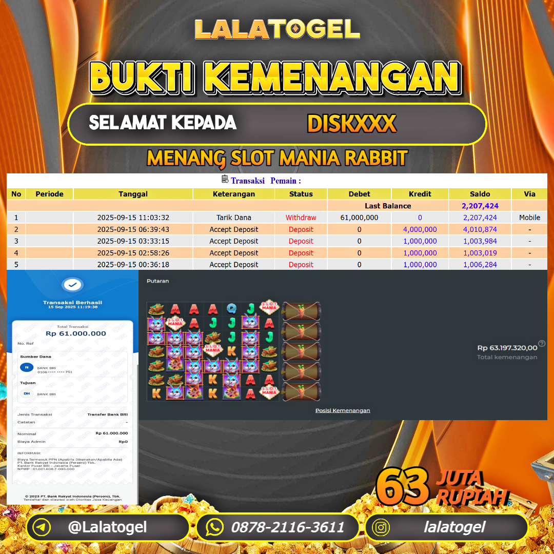 LALATOGEL JACKPOT SLOT MANIA RABBIT Rp.63.000.000, - LUNAS USER  ID : DISKXXX 