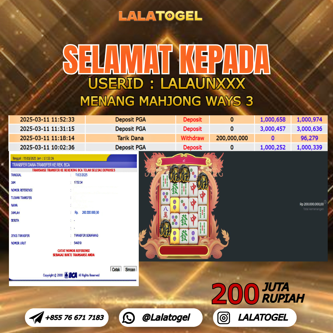 LALATOGEL JACKPOT SLOT MAHJONG  WAYS 3 Rp.200.000.000,- LUNAS USER ID :  LALAUNXXX 