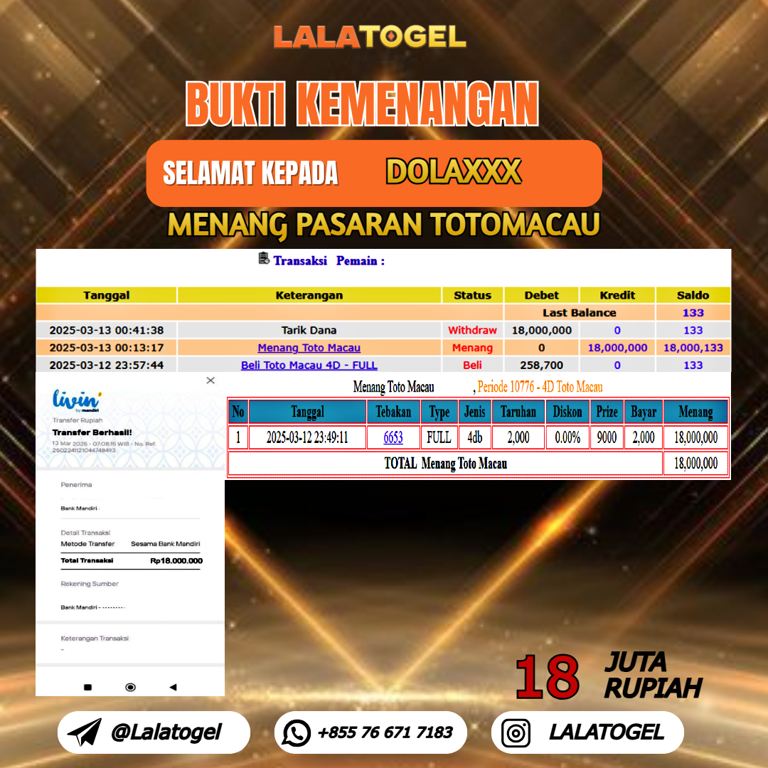 LALATOGEL JACKPOT TOGEL PASARAN TOTOMACAU Rp.18.000.000,- LUNAS USER ID :  DOLAXXX 