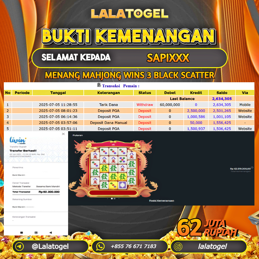 LALATOGEL JACKPOT SLOT MAHJONG WINS 3 BLACK SCATTER Rp.62.000.000, - LUNAS USER  ID :  SAPIXXX 