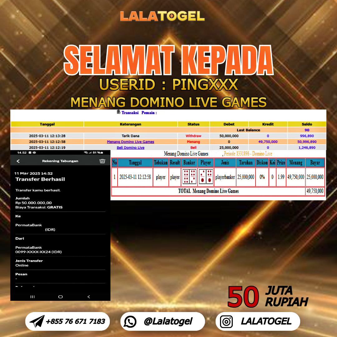 LALATOGEL JACKPOT DOMINO LIVE GAMES  Rp.50.000.000,- LUNAS USER ID :  PINGXXX 