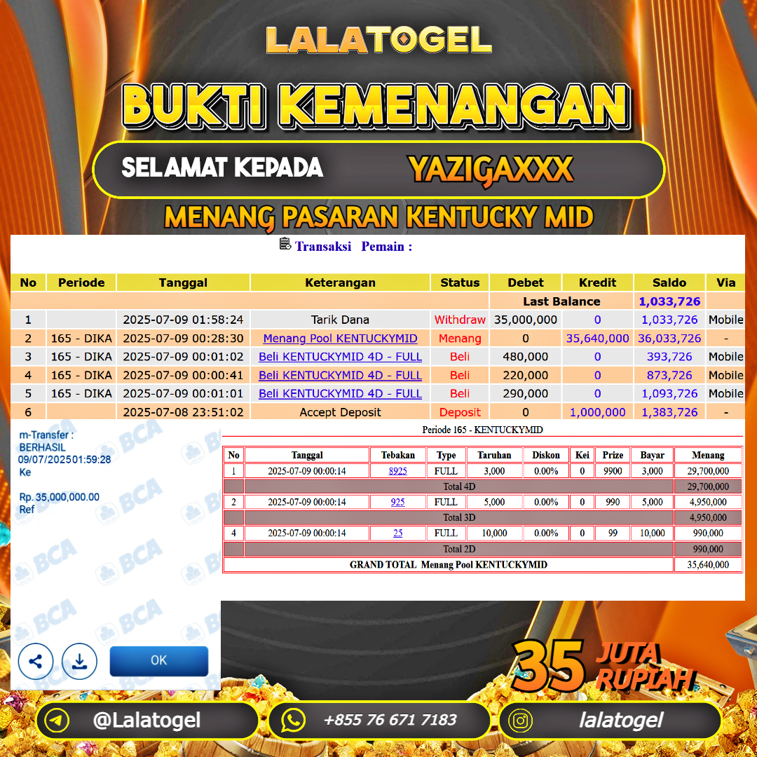 LALATOGEL JACKPOT TOGEL PASARAN KENTUCKY MID Rp.35.000.000, - LUNAS USER ID : YAZIGAXXX