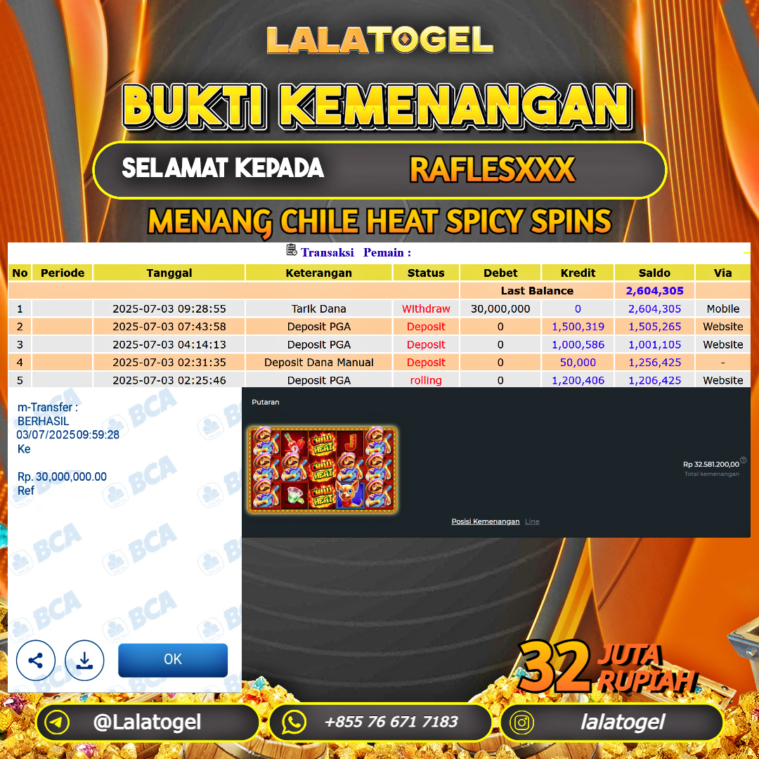LALATOGEL JACKPOT SLOT CHILE HEAT SPICY SPINS Rp.32.000.000, - LUNAS USER ID : RAFLESXXX