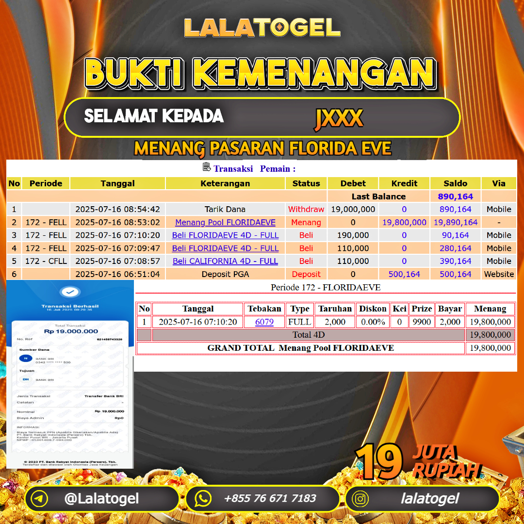 LALATOGEL JACKPOT TOGEL PASARAN FLORIDA EVE Rp.19.000.000, - LUNAS USER  ID :  JXXX 