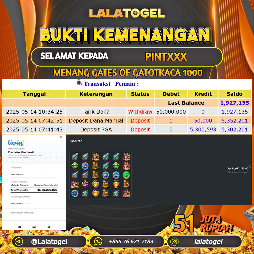 LALATOGEL JACKPOT SLOT GATES OF GATOTKACA 1000 Rp.51.000.000, - LUNAS USER ID : PINTXXX
