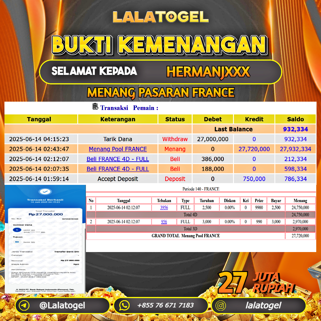 LALATOGEL JACKPOT TOGEL PASARAN FRANCE Rp.27.000.000, - LUNAS USER ID : HERMANJXXX