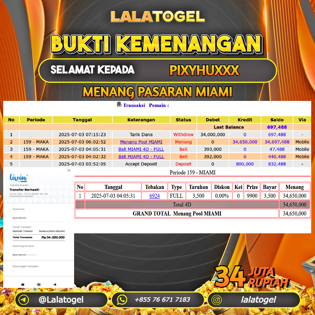 LALATOGEL JACKPOT TOGEL PASARAN MIAMI Rp.34.000.000, - LUNAS USER ID : PIXYHUXXX