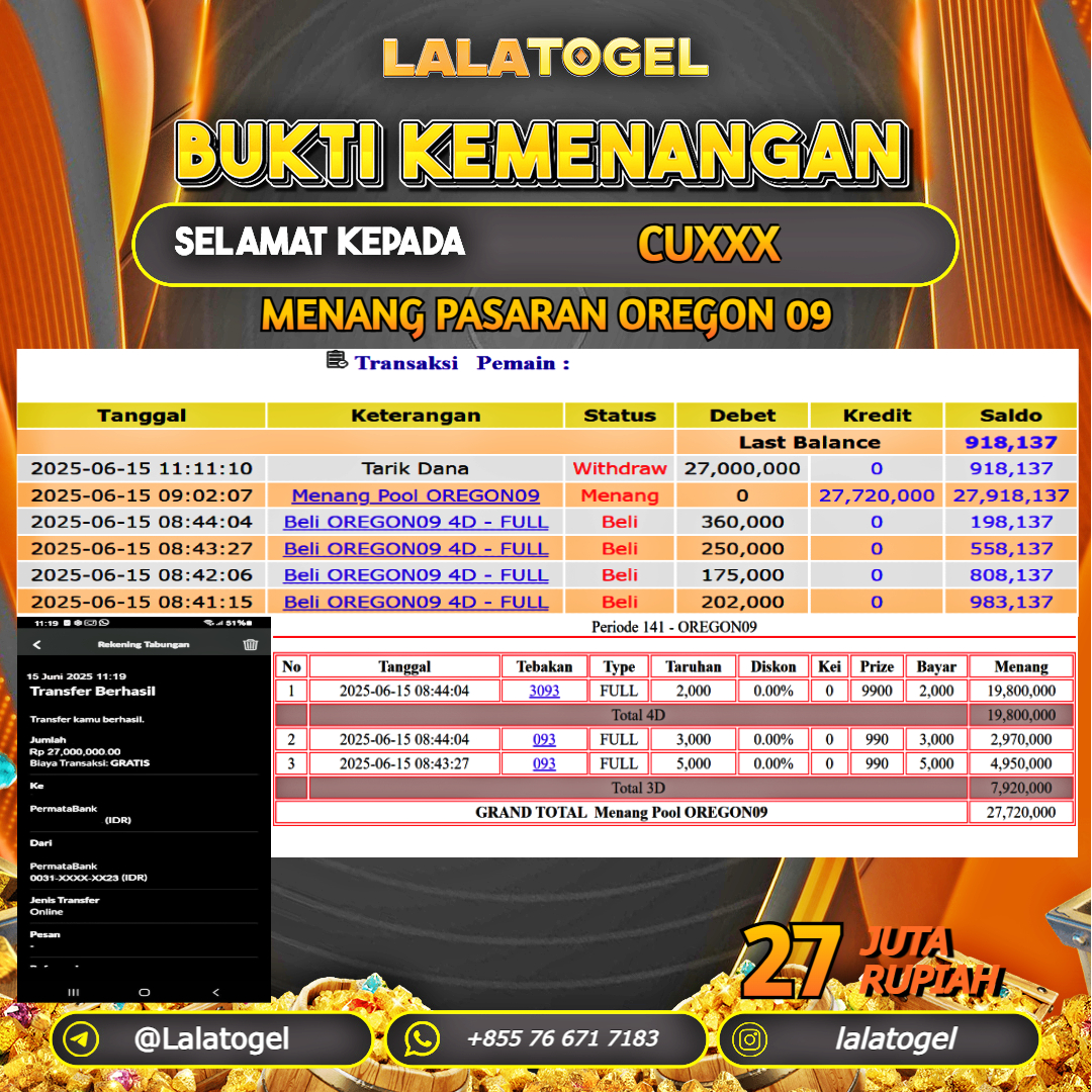 LALATOGEL JACKPOT TOGEL PASARAN OREGON 09 Rp.27.000.000, - LUNAS USER ID : CUXXX