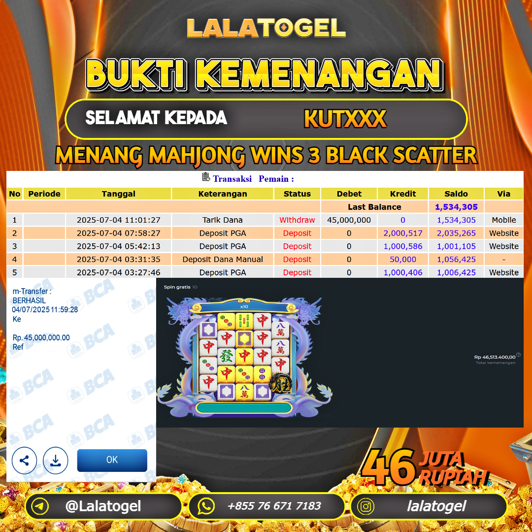 LALATOGEL JACKPOT SLOT MAHJONG WINS 3 BLACK SCATTER Rp.46.000.000, - LUNAS USER ID : KUTXXX