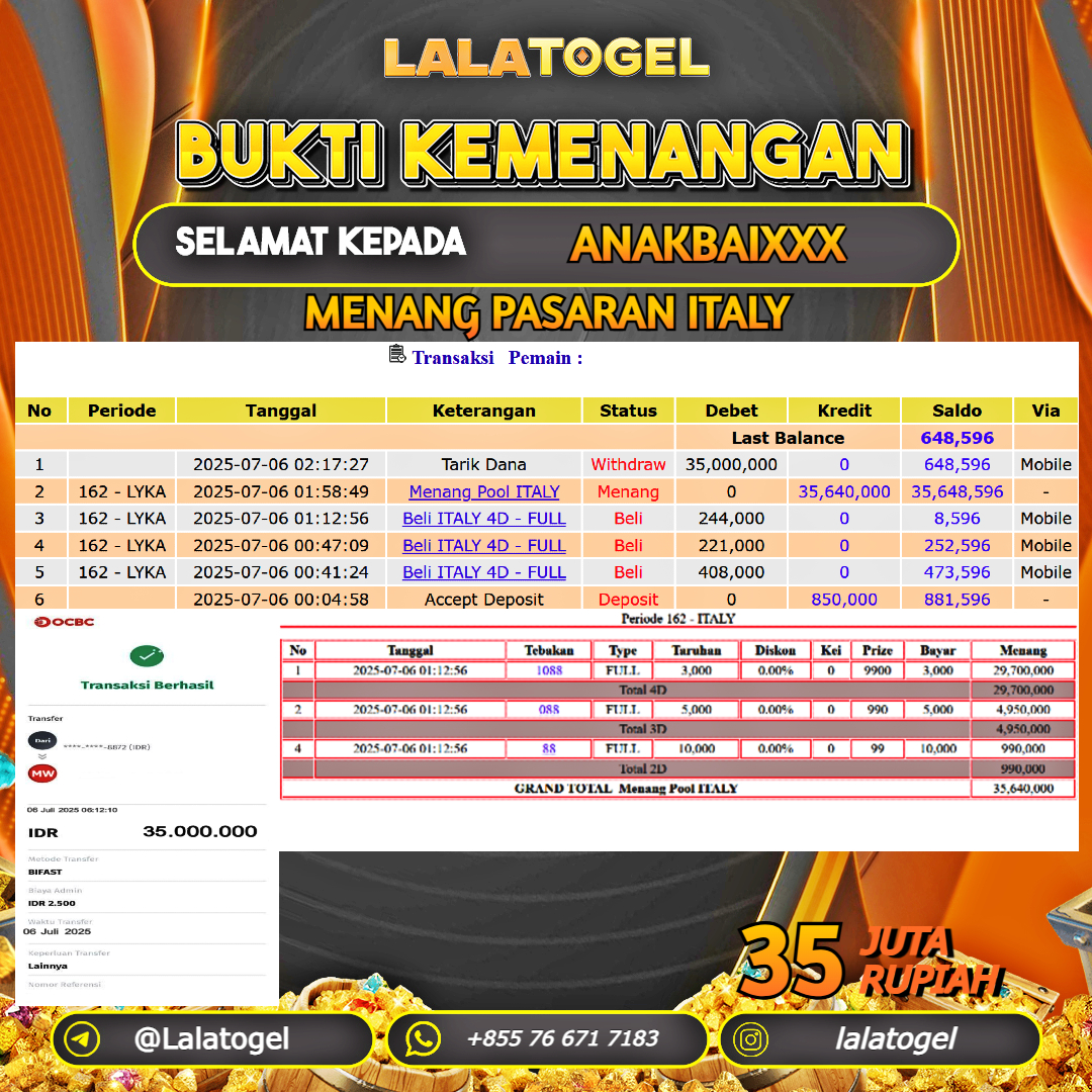 LALATOGEL JACKPOT TOGEL PASARAN ITALY Rp.35.000.000, - LUNAS USER ID : ANAKBAIXXX