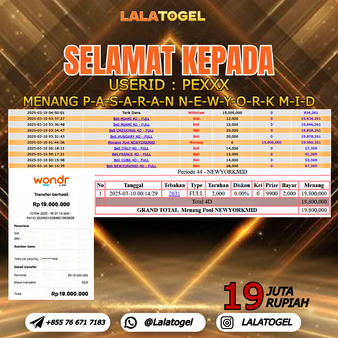 LALATOGEL JACKPOT TOGEL PASARAN NEWYORK MID   Rp.19.000.000,- LUNAS USER ID :  PEXXX 