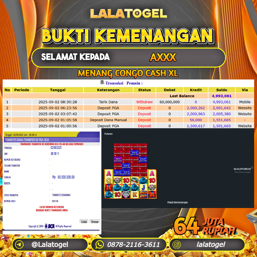 LALATOGEL JACKPOT SLOT CONGO CASH XL Rp.64.000.000, - LUNAS USER ID : AXXX