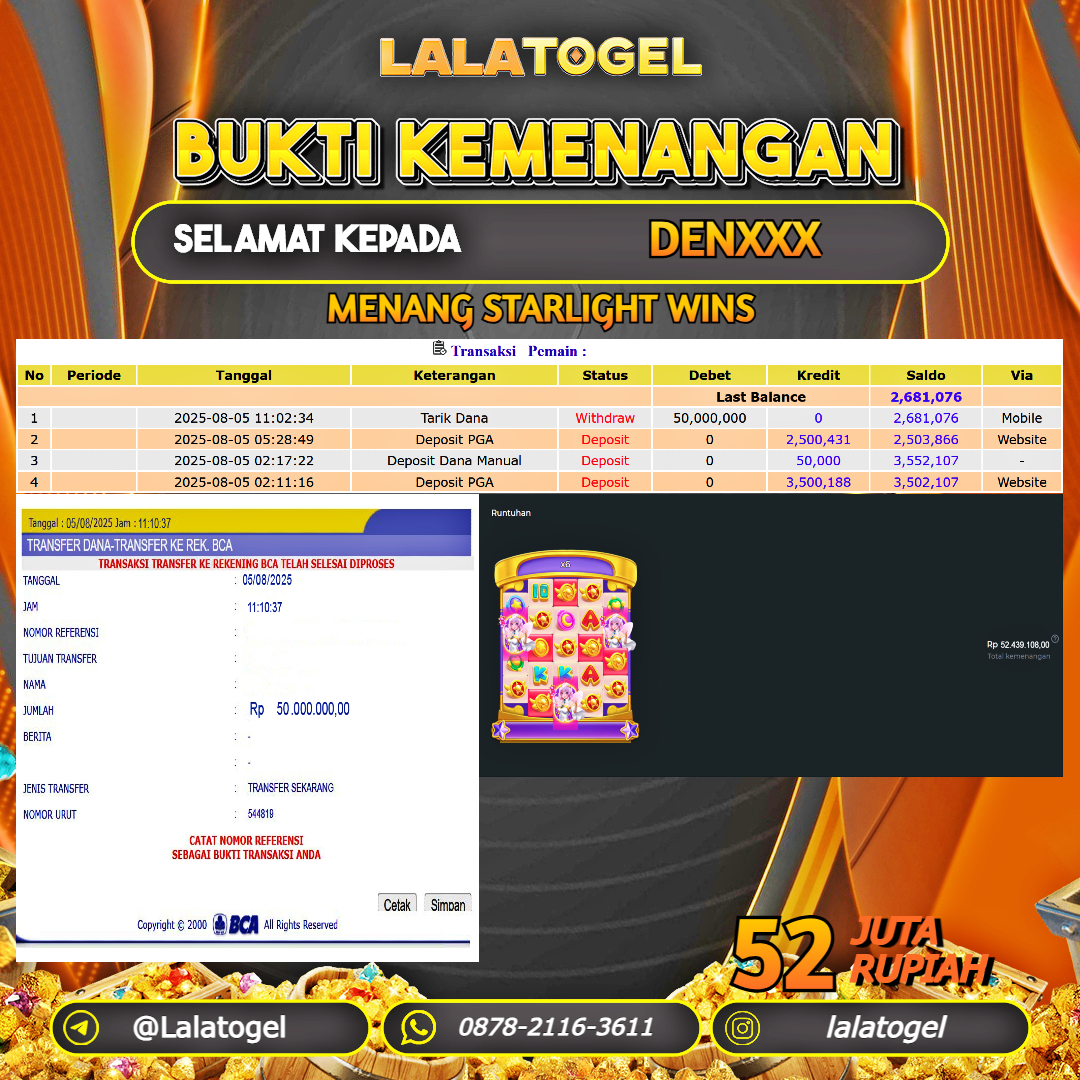 LALATOGEL JACKPOT SLOT STARLIGHT WINS Rp.52.000.000, - LUNAS USER ID : DENXXX