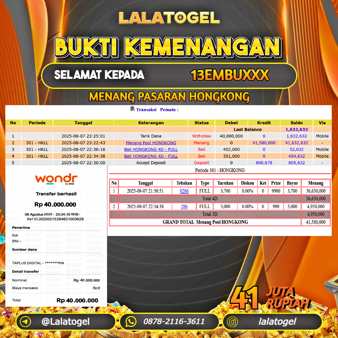 LALATOGEL JACKPOT TOGEL PASARAN HONGKONG Rp.41.000.000, - LUNAS USER ID : 13EMBUXXX